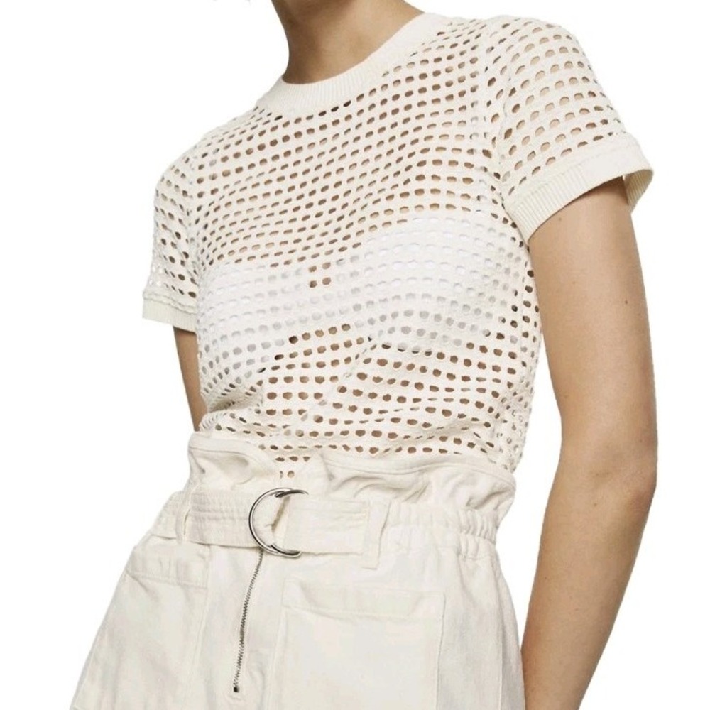 Mango Sandra Openwork Cotton-blend T-shirt White Size S NWT